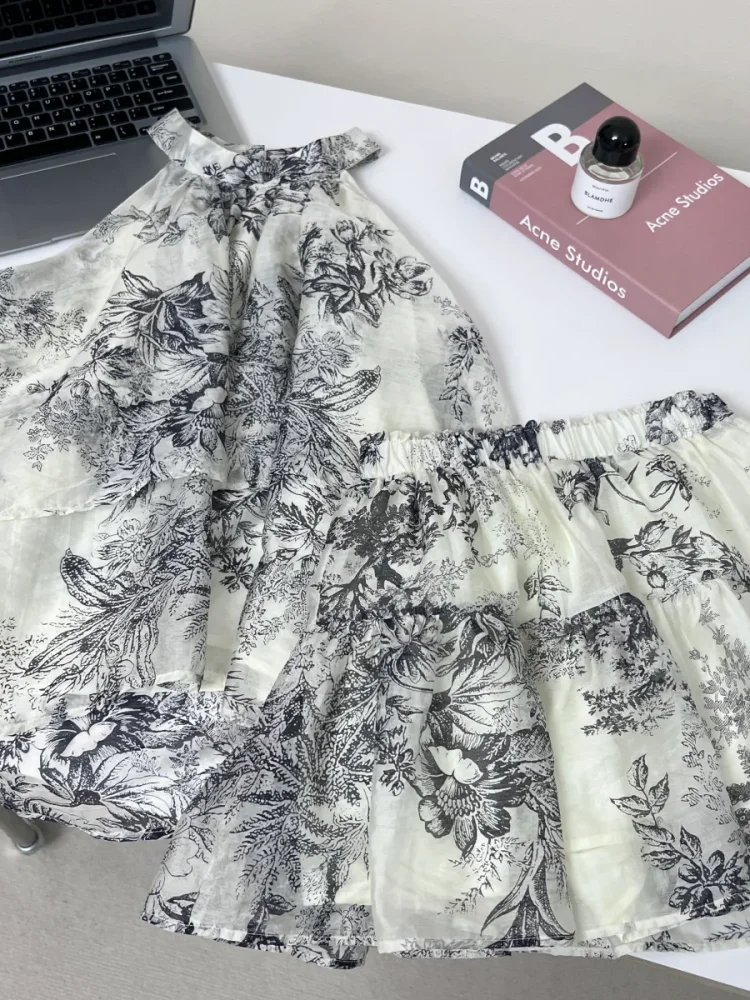 Ink Print Two Piece Sets Women Suspender Hanging Neck Sleeveless Top Irregular Retro Mini Skirt Elegant Korean Style image 6