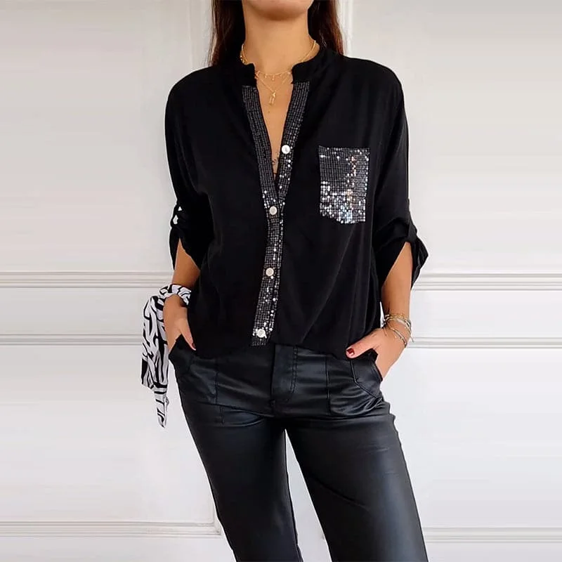 Women Cardigan Top Shirt Long Stand Collar Glitter Sequin Summer Casual Patchwork Button Top Tee Shirt