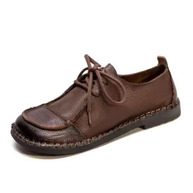 

Высокое качество, весна 2 см, новинка 2023 года, мягкая кожа, мягкая подошва, винтажный стиль, одинарная обувь с кружевом спереди, повседневная удобная женская обувь