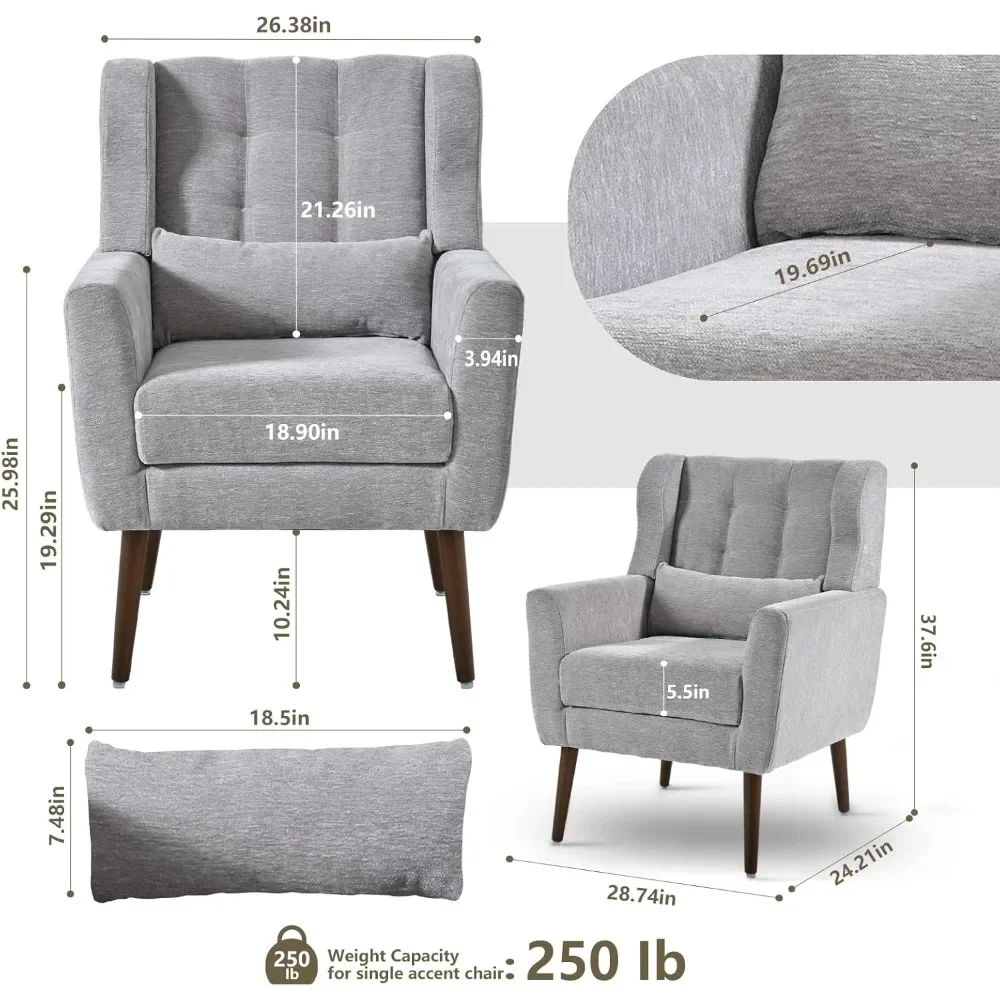 Upholstered Mordern Armchair, Comfy Soft Padded Lounge Reading Arm Chair in Small Space, Bedroom, Pillow, Solid Wood Leg