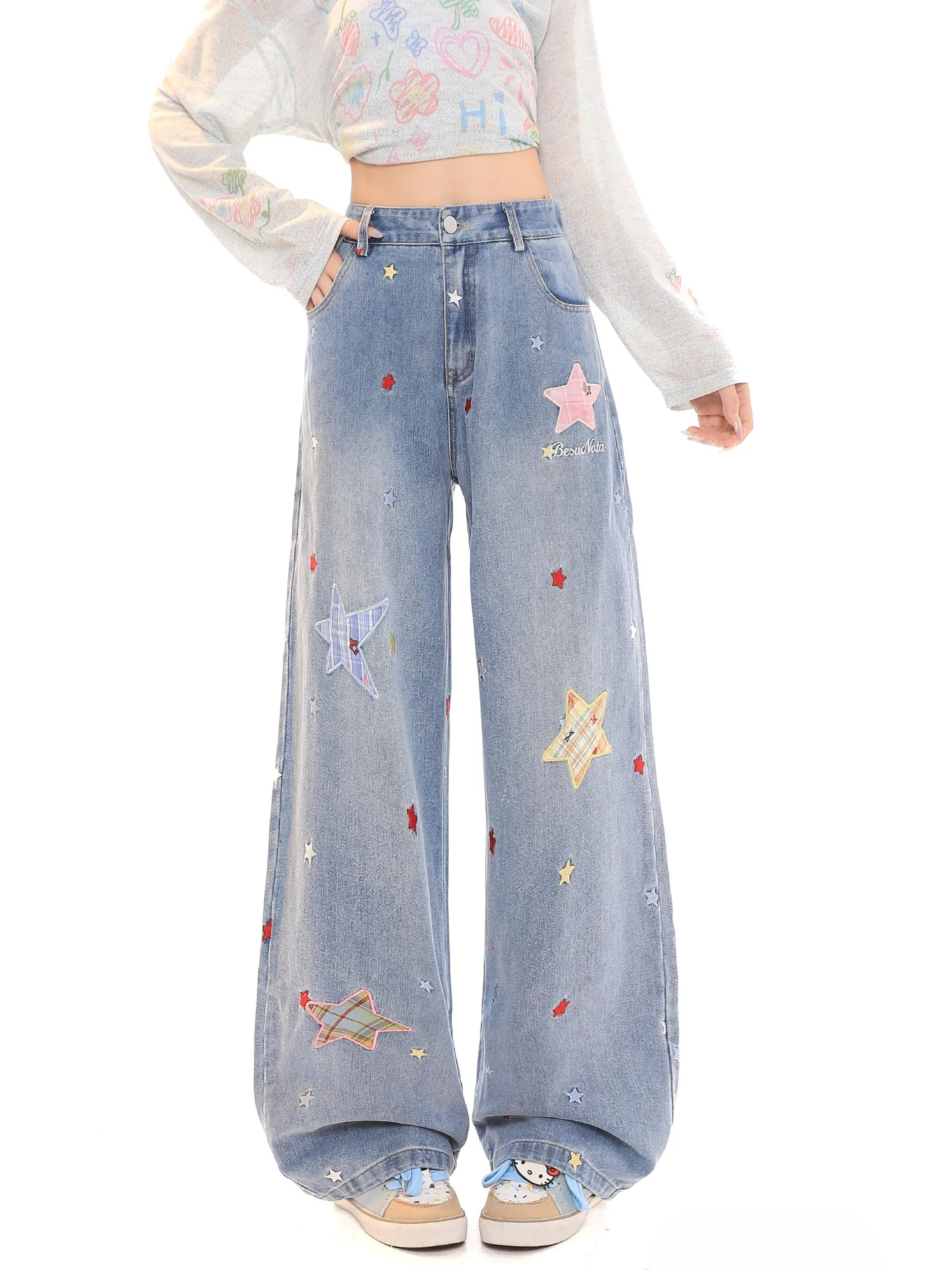 

Женские джинсы с вышивкой в стиле ретро-американской звезды, весенние, с широкими штанинами, свободные, повседневные, прямые, с завышенной талией