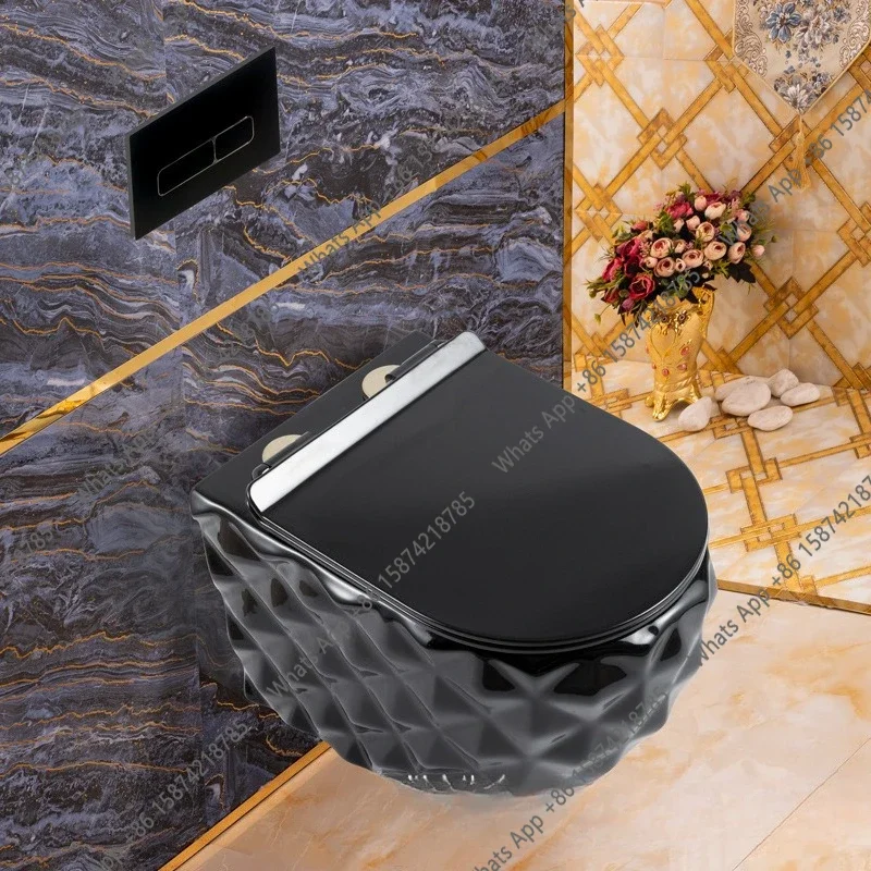 X Wall-mounted Toilet, Gold Toilet, Ceramic Wall-mounted Toilet, Diamond Pattern Suspended Black Gold Wall Water Tank