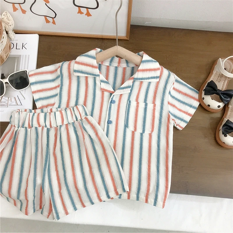 Summer Baby Clothes Set Stripe Kids Vestidos /Shirt Top Short Children Outfits Cotton Child Dress Toddler 2pcs Suit for Boy Girl