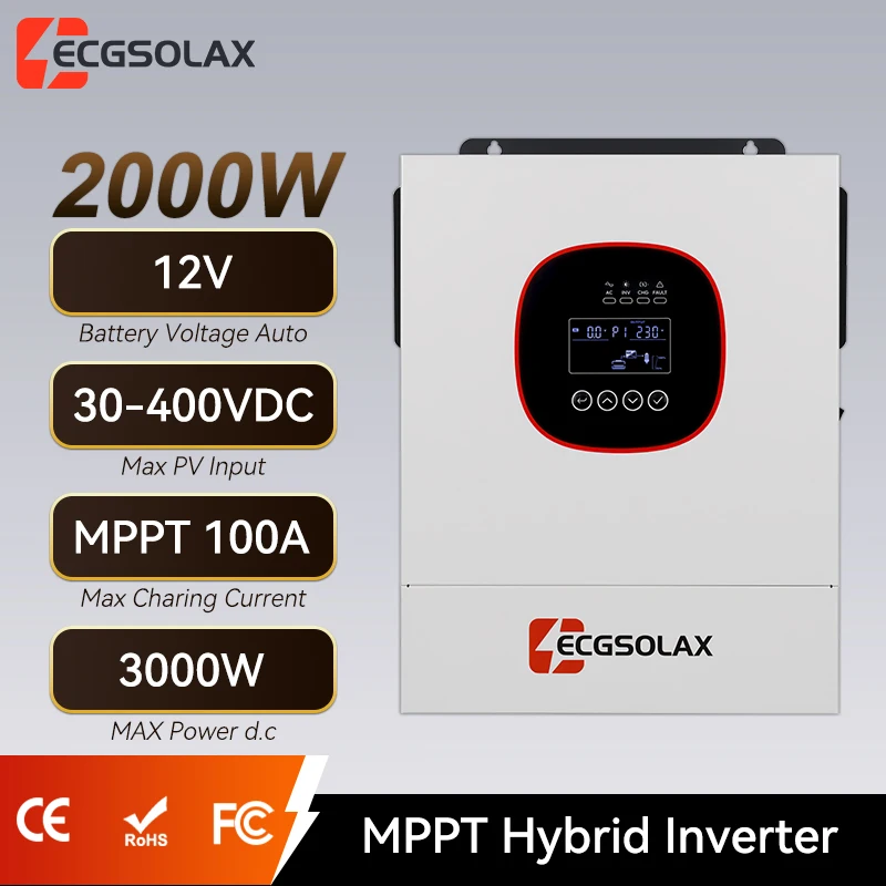 ECGSOLAX 2KW Hybrid Solar Inverter 12V 230Vac With MPPT 100A Charging Controller Off-grid Hybrid Inverter 1200W Max PV 115VDC