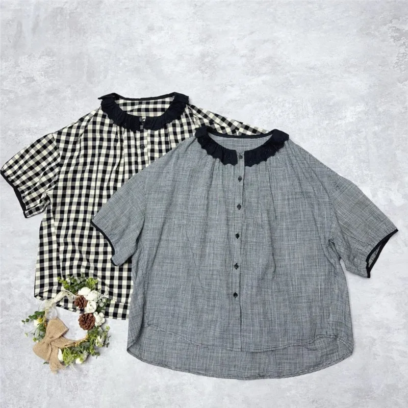 

Johnature 2025 New Summer Thin Lace Collar Black Check Short Sleeve Shirt Pure Cotton Loose Single-breasted Mori Style Top Women