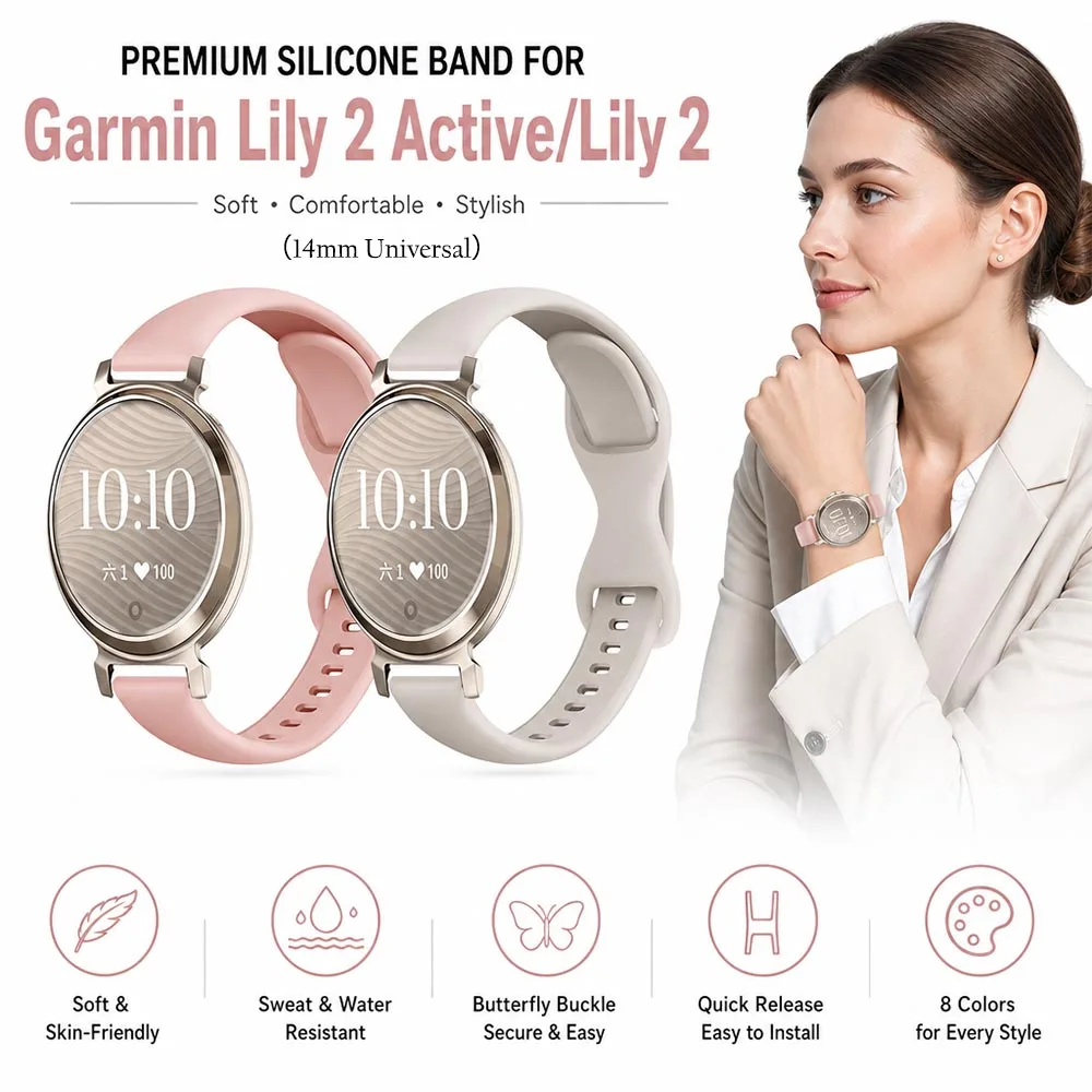 14mm Watch Band for Garmin Lily 2 Active Bands Silicone Replacement Band Breathable Adjustable Loop for Garmin Lily 2 Bracelet