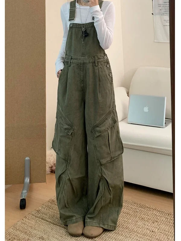 

Retro Loose Fit Denim Overalls Women's Spring Summer Slim Straight Cut Waist in Wide Leg Long Trousers Pocket Detail Cotton S...