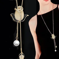 2026 New Korean Opal Crystal Tulip Flower Geometric Feather Pendant Long Necklace for Women All Matches Jewelry Accessory