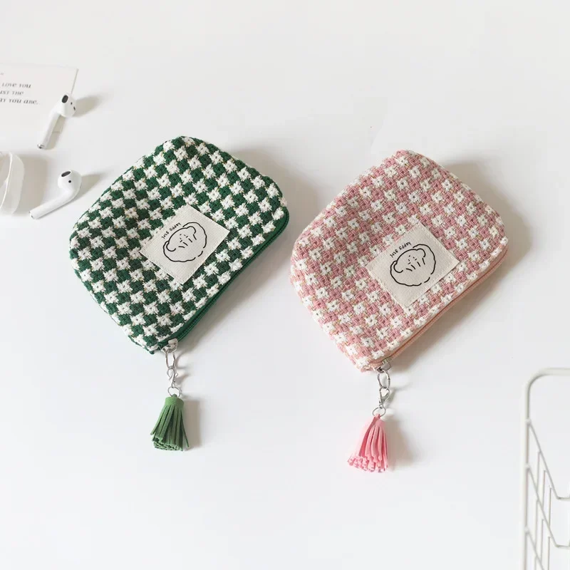 Mini Portable Plaid Coin Bags Money Wallet Purse Earphone Lipstick Data Line Storage Bags ID Card Bank Card Holder Clutch Pouch