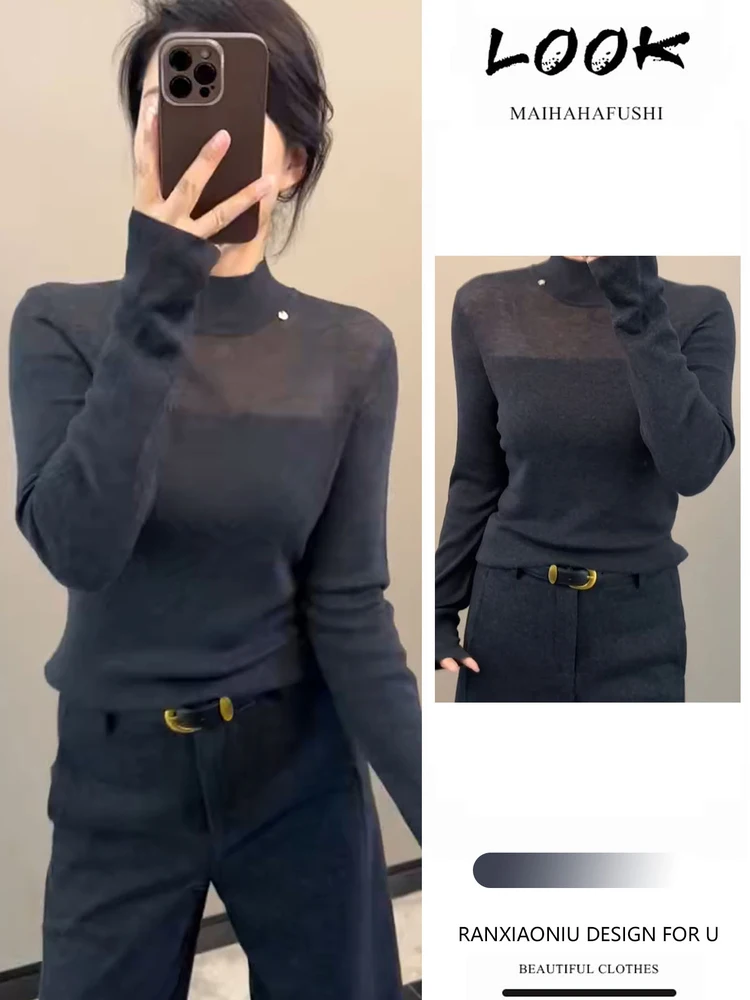 

Ele Women's Knitted Set Long Sve High Collar Slim Fit Semi-Transparent mat Sle Spring Faion Ensemble