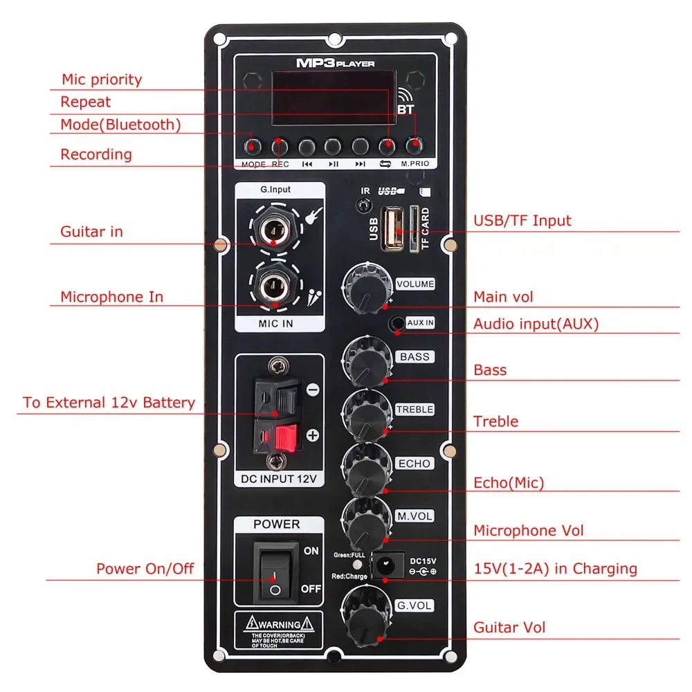 12V Amplifier Board Square Dance Speaker Amplifier Support Bluetooth AUX TF-Card U-Disk Recording 6-12Inch Speaker