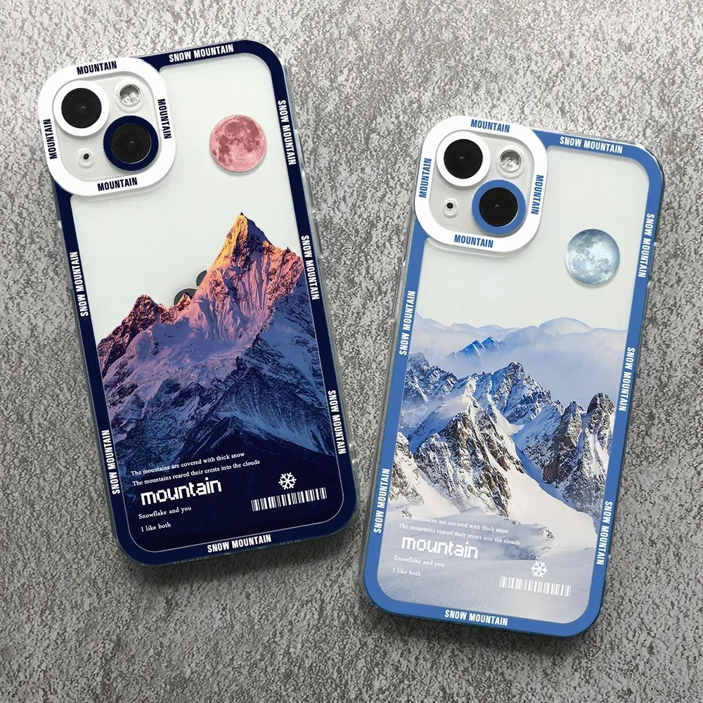 Nature Aesthetic Snow Mountain Transparent Phone Case For iPhone 13 15 16 14 12 11 Pro Max Plus Mini X XR 7 8 SE Soft Cover Skin