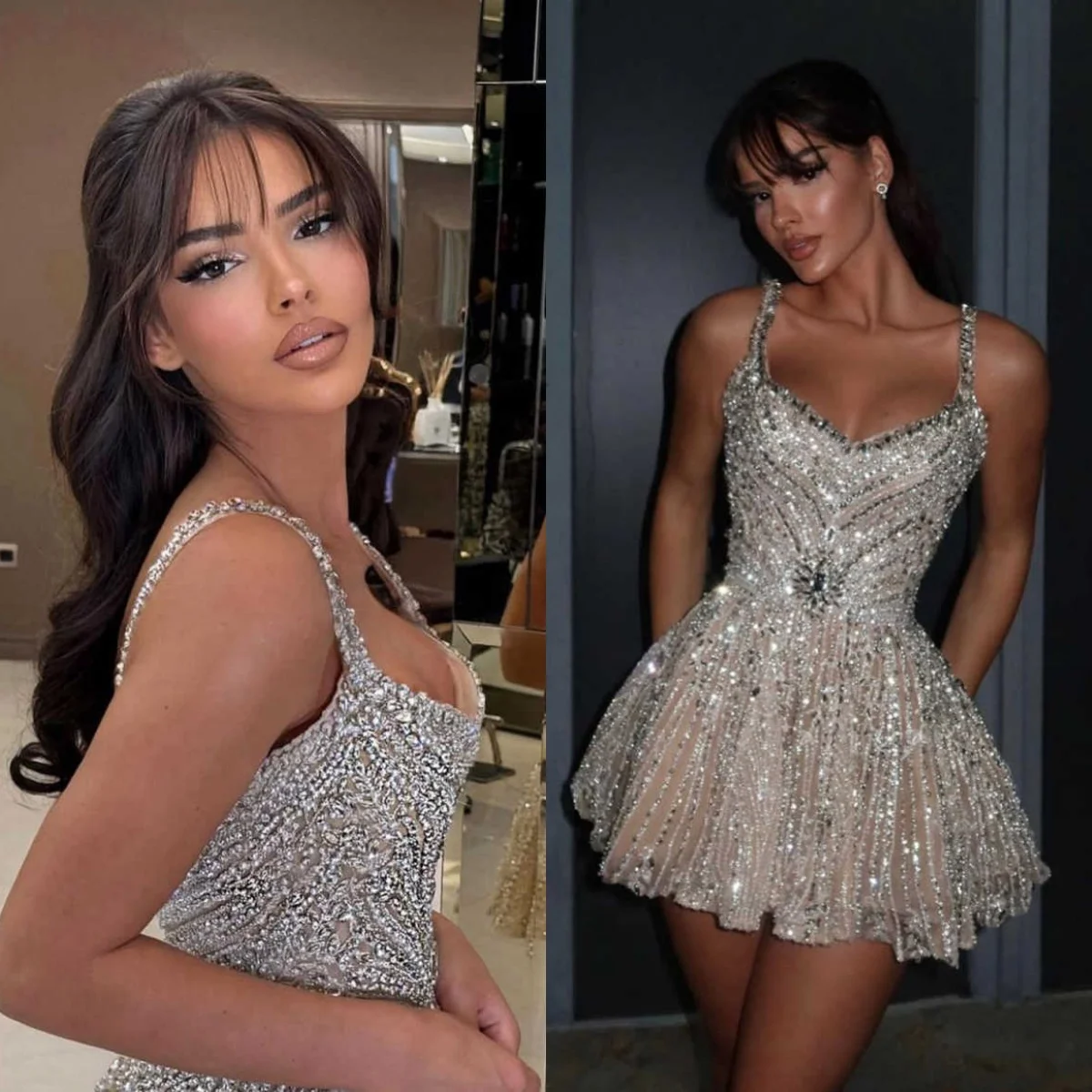 

Shiny Customized Above Knee Prom Dresses Spaghetti Straps Sequins Crystal Beading Short Evening Party Dresses