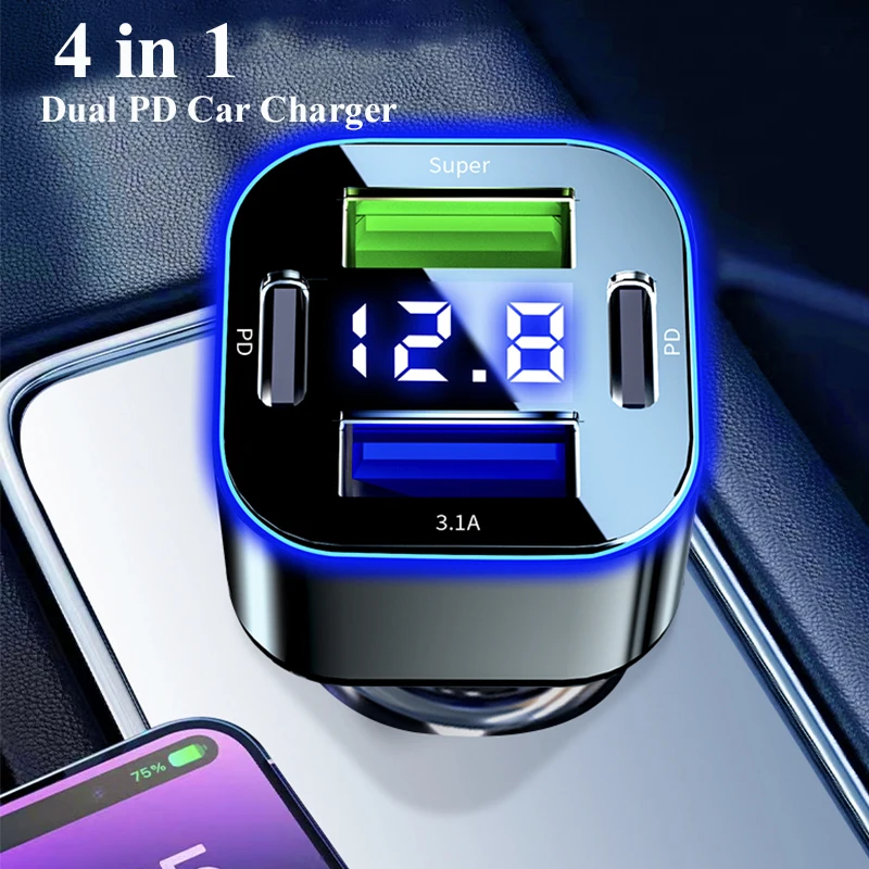 4 in 1 USB C Car Charger Dual PD  Super Fast Charging Adapter for iPhone 15 Pro Max 14 Plus Huawei Oneplus Samsung OPPO Vivo