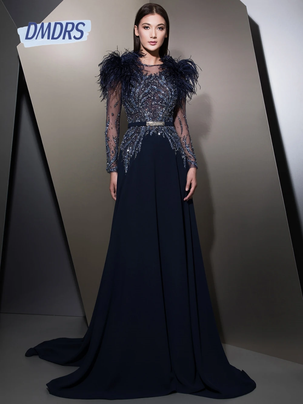 

Classy A Line Birthday Evening Dress Beaded Illusion Sleeves Party Mother Of Prom Dress Customized Feathered Cocktail Gown