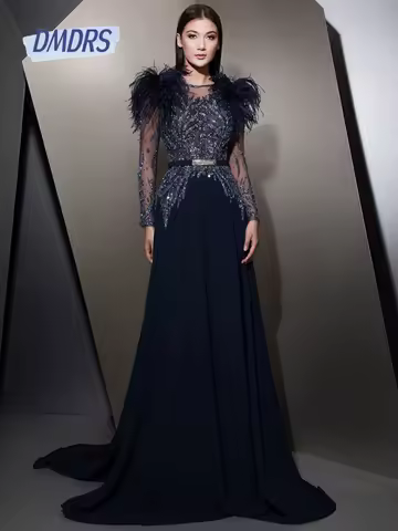 Classy A Line Birthday Evening Dress Beaded Illusion Sleeves Party Mother Of Prom Dress Customized Feathered Cocktail Gown