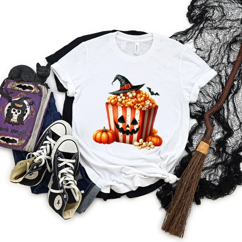 Halloween Popcorn Graphic Short Sleeve T-shirt Women Pumpkin Witch Hats Graphic Classic Tops Horror Popcorn Halloween T-shirts