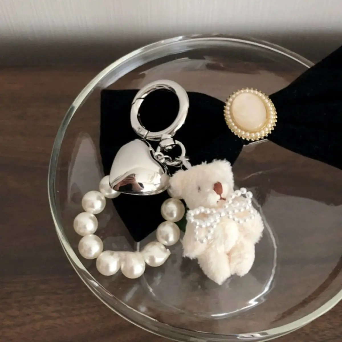 Korean Cute Fluffy Plush Bear Pearl Bowknot Pendant Keychain For Car Keys iPhone Accessories Trendy Heart Keyring Women Handbag