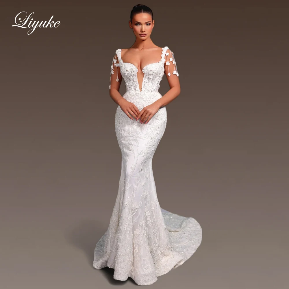 

Liyuke Custom Made Beauty All-Over Lace Mermaid Wedding Dress Off The Shoulder Beaded Embroidery Lace Trumpet Wedding Gowns