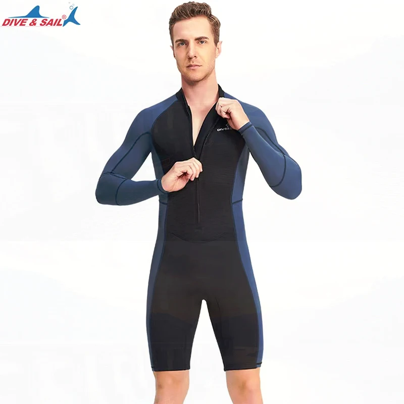 1.5mm Neoprene Shorty Mens Wetsuit UV-proof Front Zip Lycra Long Sleeves Diving Suit for Underwater Snorkeling Swimming Surfing