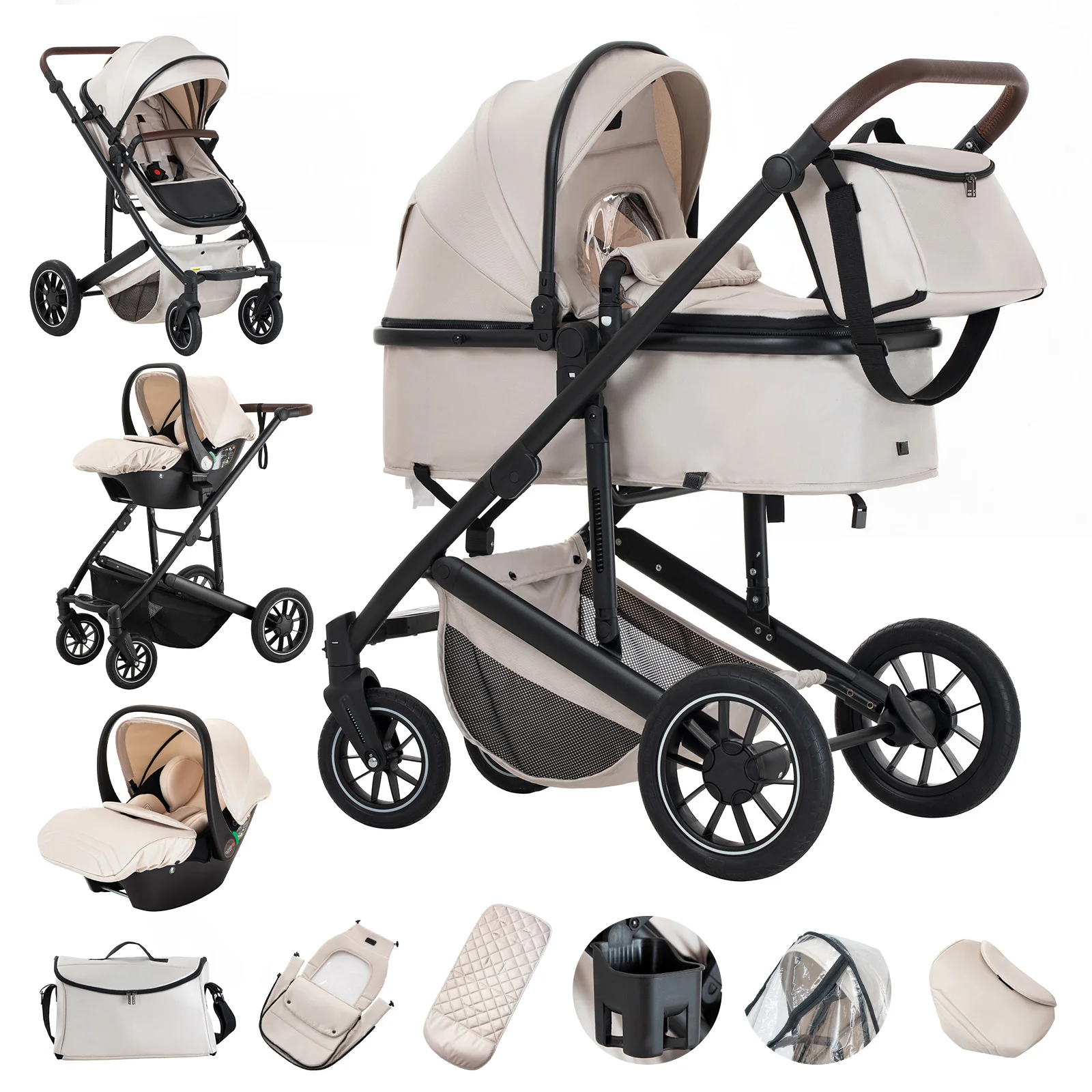 Luxe 3-in-1 kinderwagen met autostoel, geschikt voor pasgeborenen, vierwieler, schokabsorberend, reisbuggy met aluminium frame
