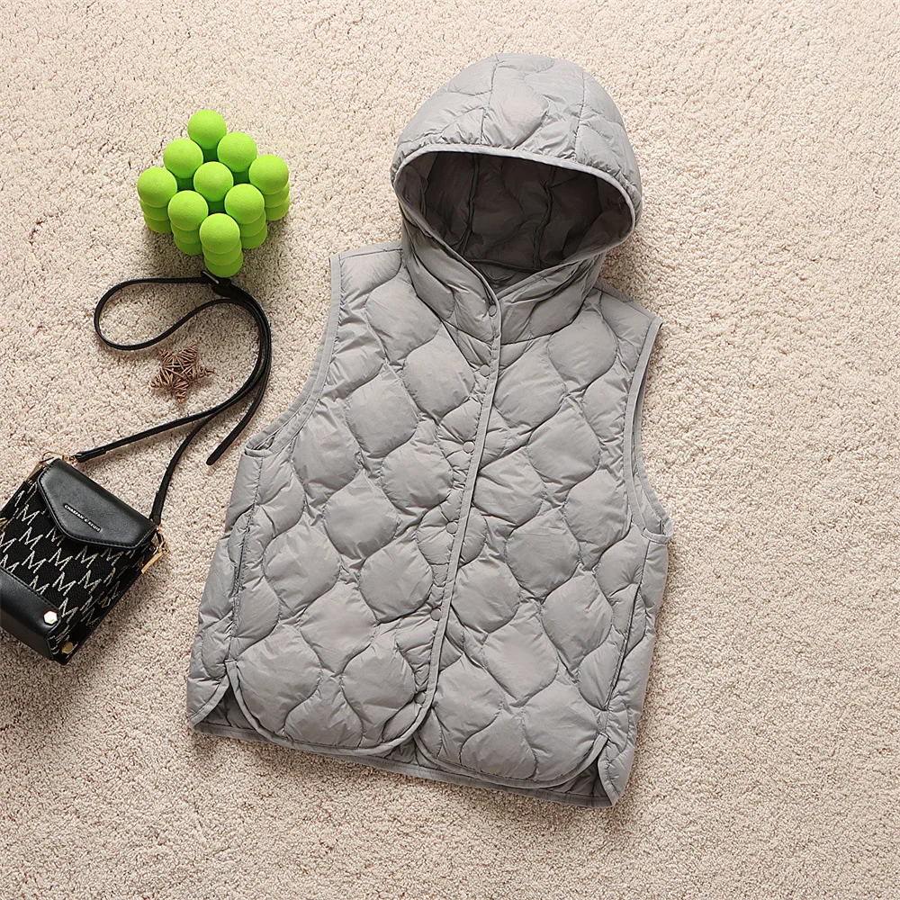 Women's Autumn and Winter Ultra Light Down Vest Short Loose Hooded Sleeveless Jacket 24 Years New Solid Color Jacket for Women