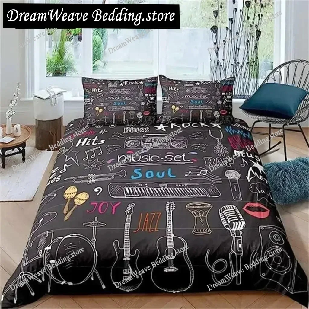 

3D Print Rock Music Themed Guitar Colorful Duvet Cover Fire and Water Bedding Set Fashion Microfiber Polyester for Boy Gifts963
