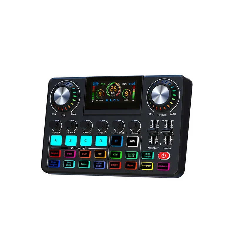 F668 Audio Mixer, Live Sound Card with DJ Mixer Effects & Voice Changer, Sound Board with RGB, Music Recording Equipment