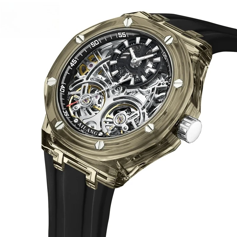 

Leisure Men's Mechanical Watch Hollow Double Tourbillon Watches Sports Silicone Strap Waterproof Skeleton Wristwatch Men