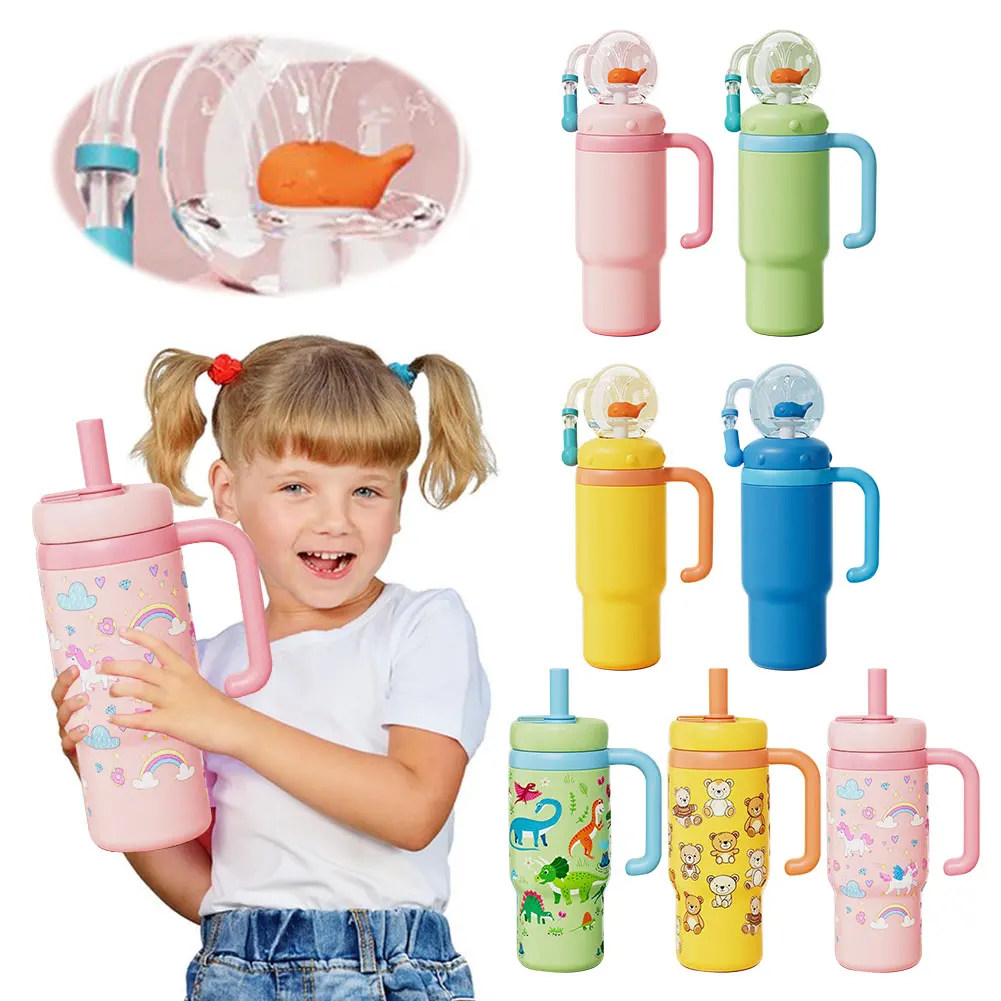 

710 мл чашка для фонтана из нержавеющей стали с ручкой-разбрызгивателем кита, соломенная чашка с двумя крышками, прочная забавная чашка с защитой от падения и перелива