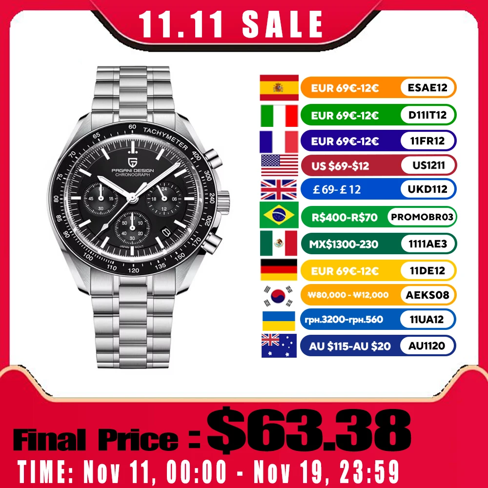 2025 جديد ساعات رجالي تصميم باجاني ساعة كوارتز فاخرة للرجال VK63 كرونوغراف AR الياقوت مرآة السيراميك الحافة ساعة مضيئة #1