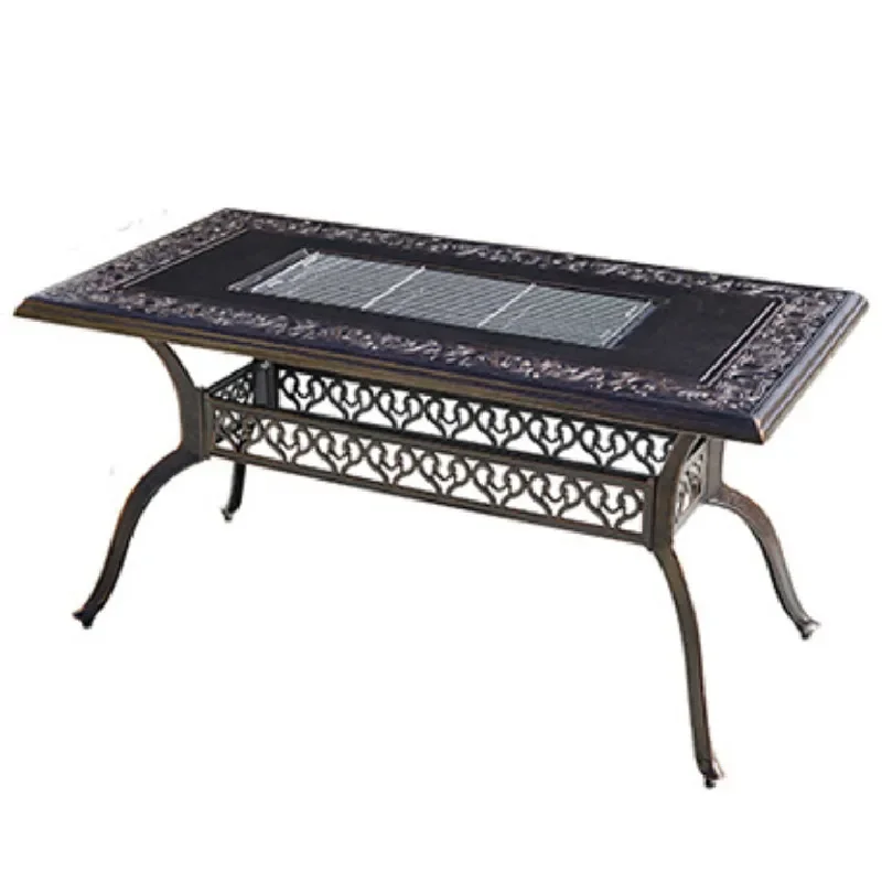 Cast Aluminum Outdoor BBQ Table with Charcoal Electric Grill Long Dining Set for Garden Patio Farm Casual Use