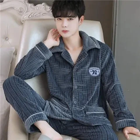 

Thick Man Pajamas Set Winter Sleepwear Flannel Pijama With Velvet Long Pants Home Wear Pyjamas For Men Homewear Clothes