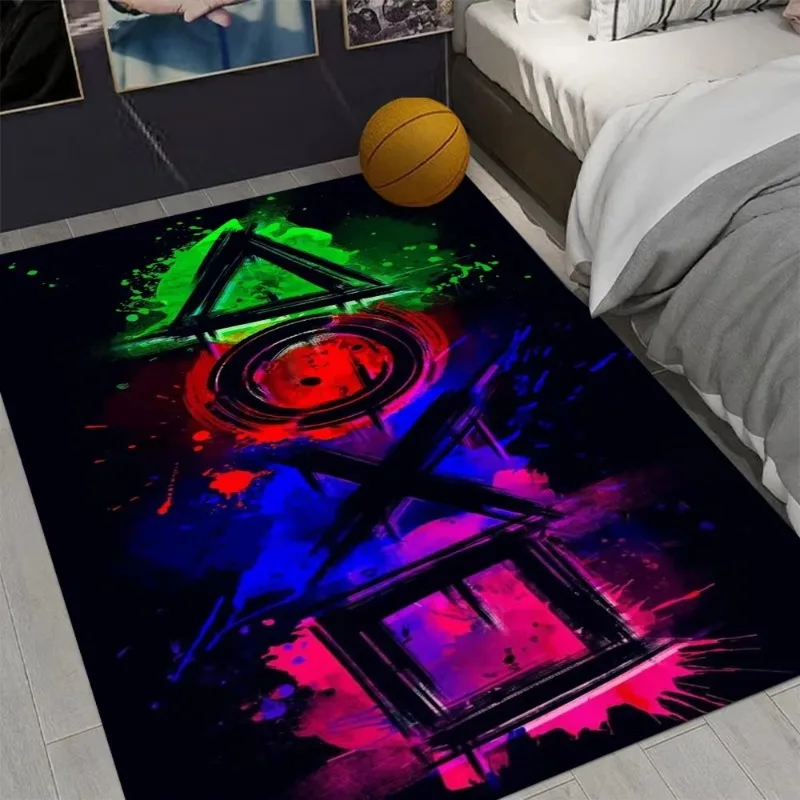 Cool Gaming Symbol Floor Mat Soft Flannel Rug Colorful Neon Game Icon Design Non Slip Carpet for Bedroom Game Room Home Decor