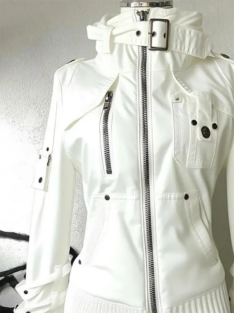 Street Y2k Gothic White Moto&Biker Coat Women Vintage Heavy Long Sleeve Jackets 2025 Early Autumn New Slim Fit Tops Mujer