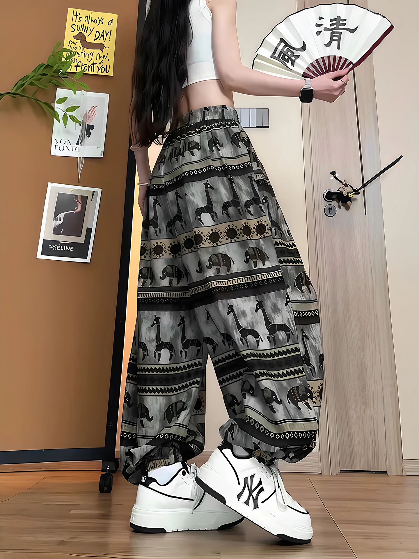 Tropical Ethnic Ice Silk Lantern Pants Loose Wide Leg Casual Summer Thin Harem Pants Men Women Breathable Comfortable Straigh...