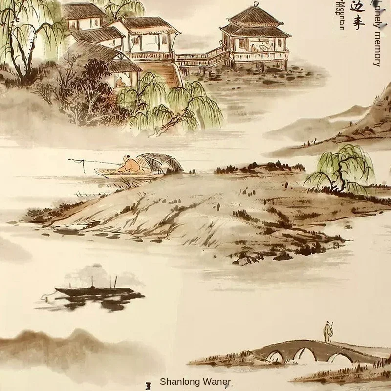 Chinese landscape wallpaper living room study teahouse background Restaurant Hotel porch Chinese style ink classical wallpaper
