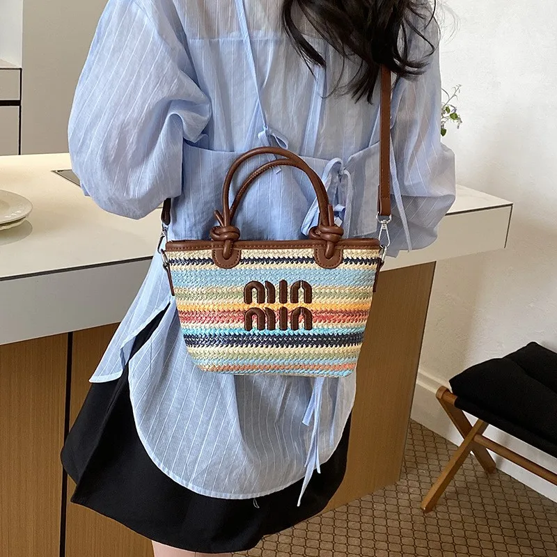 Summer Straw Woven Basket Shoulder Bag - close-up view