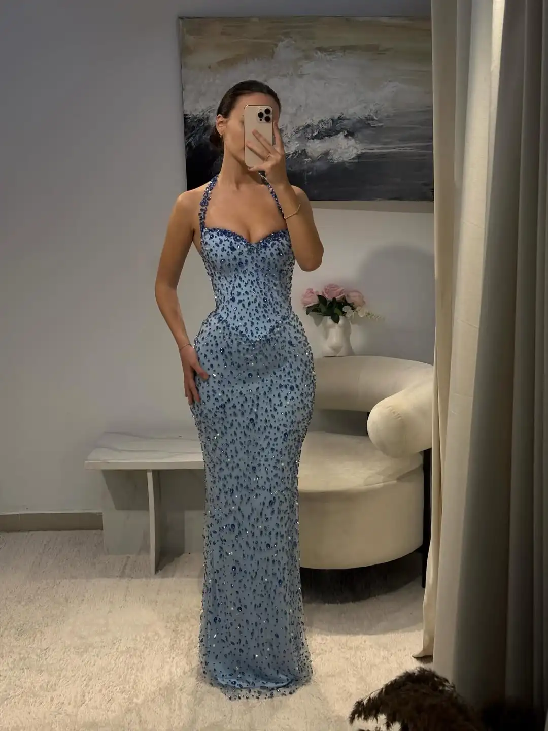 Ofherown 2026 Blaues Meerjungfrau-Abschlussballkleid mit Strasssteinen und Schal, Neckholder, rückenfrei, Abendkleid, formelles Party-Abschlussballkleid