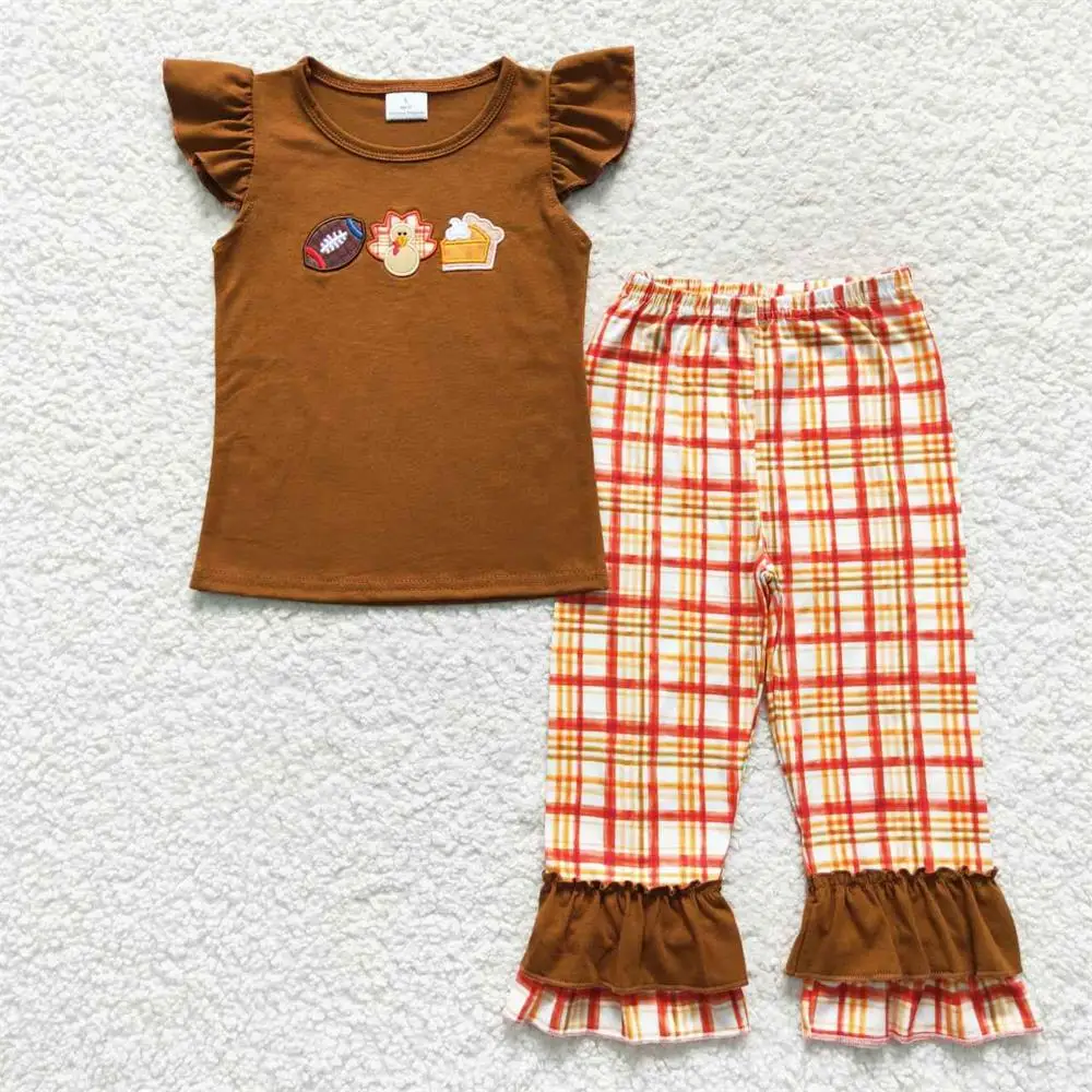 

Baby Girl Cotton Short Sleeves turkey Pumpkin Pie Ball Embroidery Kids Set Toddler Children Plaid Pants Thanksgiving Fall Outfit