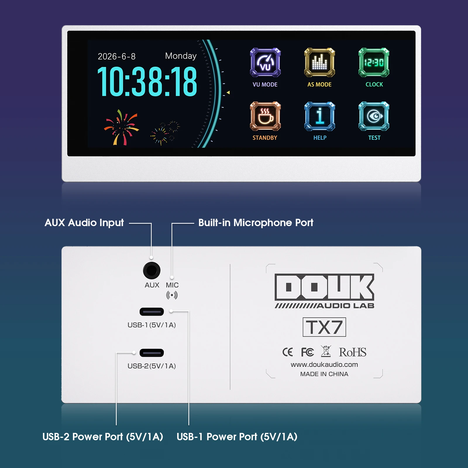 Douk Audio Lab TX7 VU Meter Audio Spectrum Visualizer Digital Desk Clock AUX MIC Pickup Desktop Decor for Audiophile Home Studio
