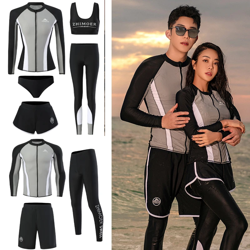 

Quick Dry Women 5pcs Men 3pcs Set Long Sleeve UV Sun Protection Rash Guard Full Body Slim Zipper Wetsuit Surf Diving Swimsuit