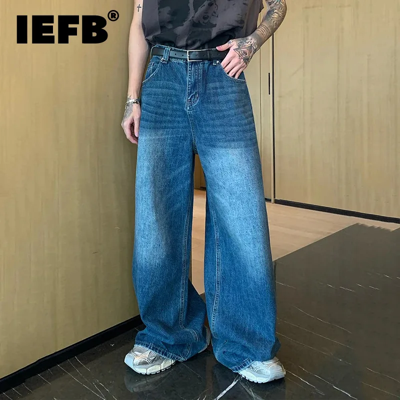 

IEFB Men's Wear Autumn Men Jeans Straight Worn-out Vintage Denim Pants Loose Washed All-match Bottoms 2024 Fashion Tide 9C1519