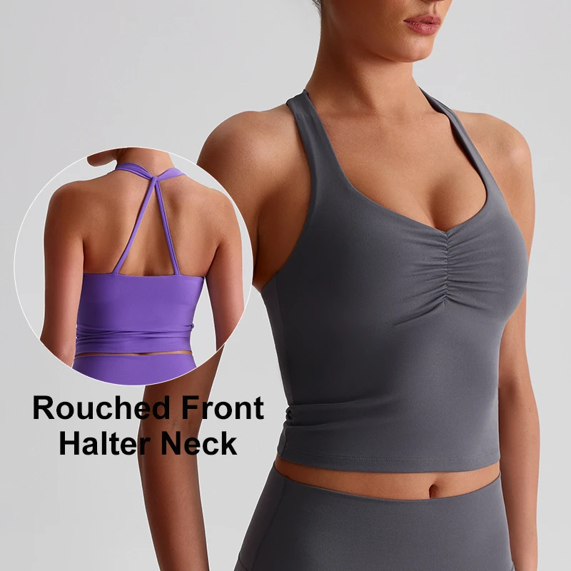 

Buttery Soft Longline Halter Sports Bra Women Scrunch Gym Workout Crop Top With Removable Pads Push Up Fitness Yoga Tank Tops
