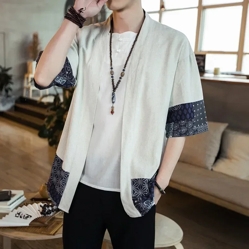 

2023 Summer Men's Kimono Jackets Cardigan Mens Lightweight Casual Cotton Blends Linen Seven Sleeves Open Front Coat Outwear