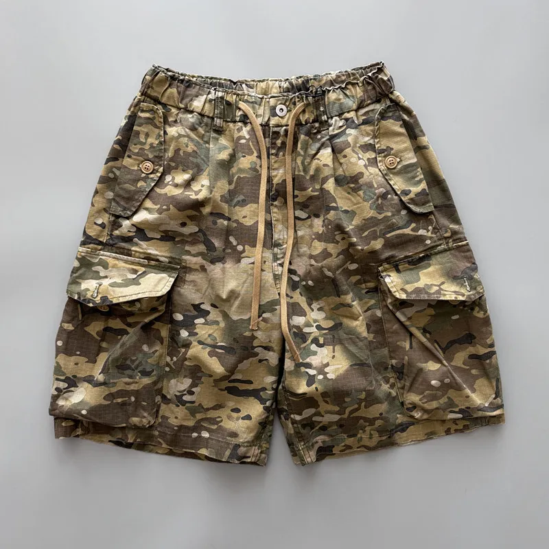 Summer Lightweight Camo Cargo Shorts for Men Shadow Plaid Fabric Multi-Pockets Elastic Waist Large Pockets Mid-Length Outdoor