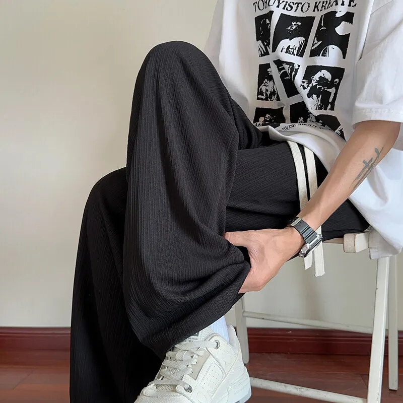 Summer Thin Casual Pants Men Fashion Purple Ice Silk Pants Men Streetwear Loose White Pleated Pants Mens Black Trousers