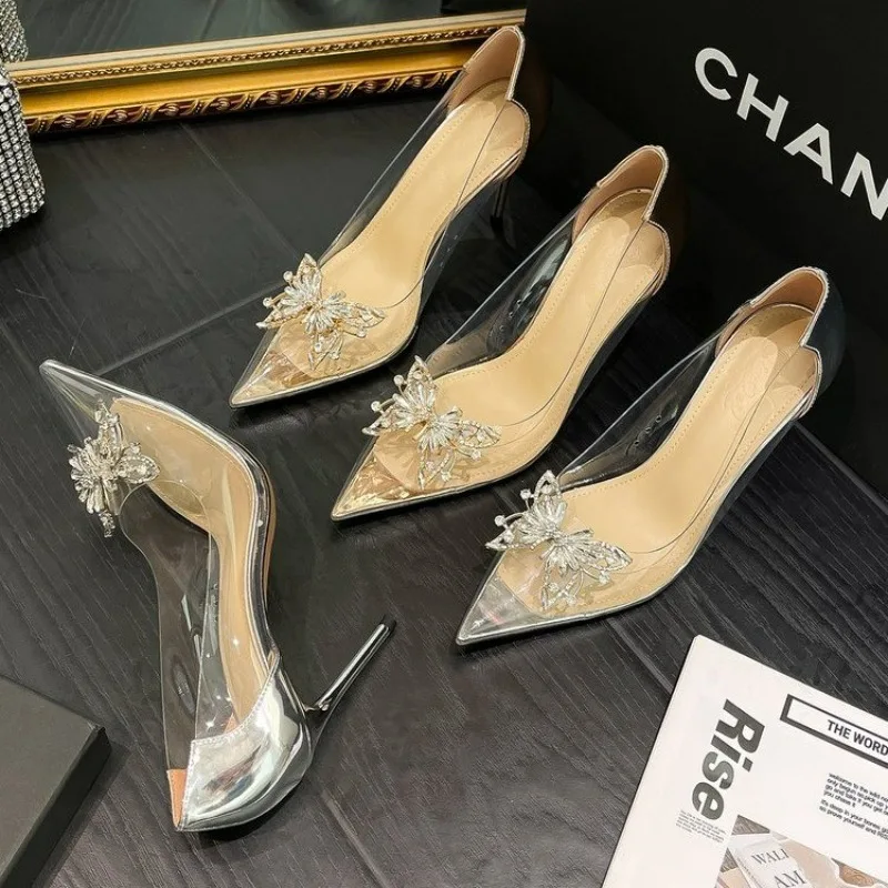 

New Pointed Crystal Fairy Ladies Wind Sandals Rhinestone Butterfly-knot Transparent High Heel Women Sandals Fashion Shoes