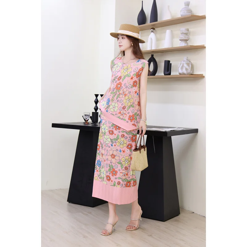 พิมพ์ลายดอกไม้หวานผู้หญิงหลวม Svel เสื้อกั๊กด้านบนเอวกระชับสัดส่วนชุดกระโปรงวัสดุโพลีเอสเตอร์ Midi ความยาวเอว