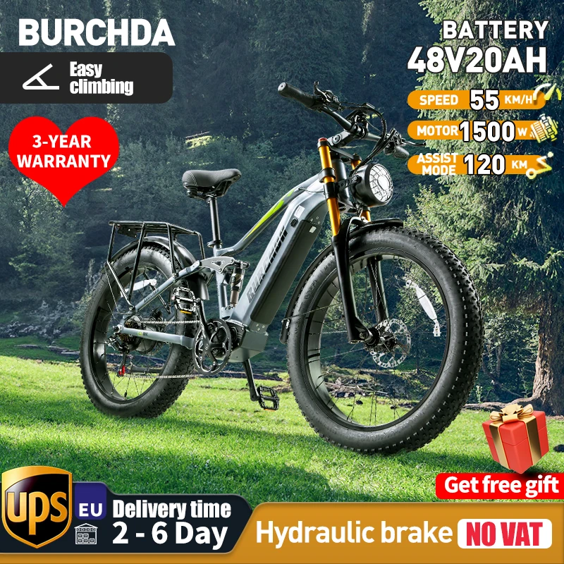 BURCHDA-Mountaineering electric bicycle,1500W,4.0 Wide Tyre,48V,20AH,26 inch,Snowmobile,Twin Fork RX80,50KM/H，e-bike